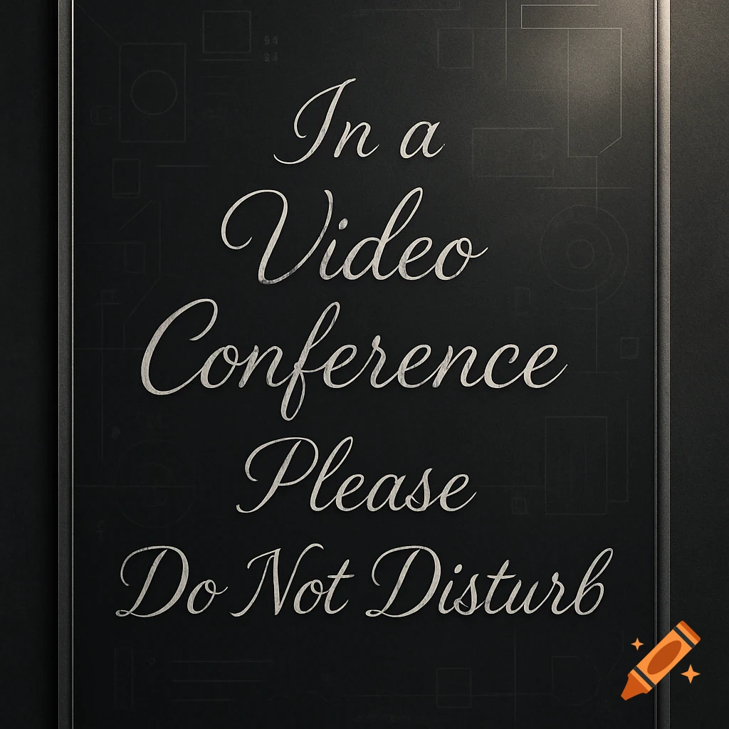 A dark grey sign with white cursive text saying 'In a Video Conference Please Do Not Disturb'. The background has subtle technical line art.