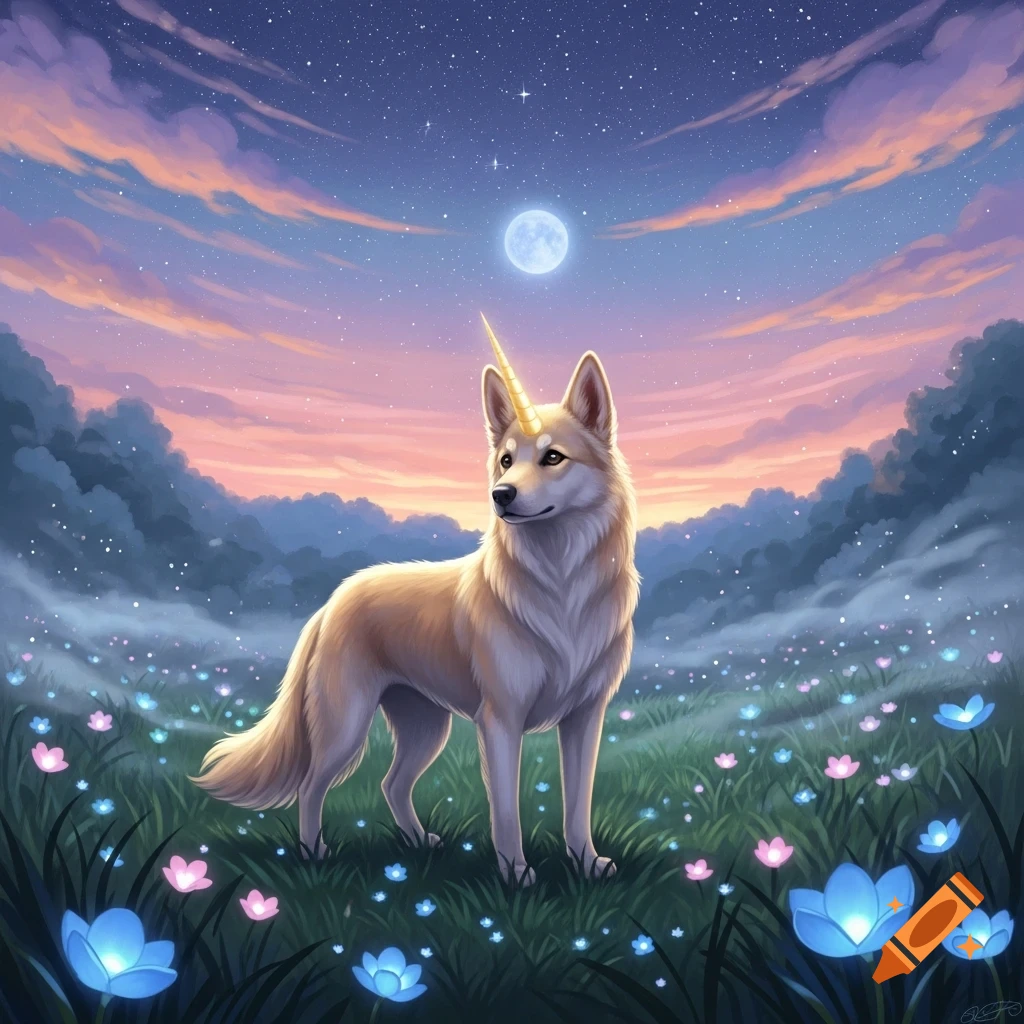 A fawn-colored dog with a golden unicorn horn stands in a glowing flower field under a starry night sky with a full moon and colorful clouds.
