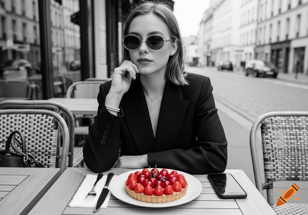 Young woman in sunglasses sits at a Parisian outdoor cafe with a red strawberry and cherry tart, in black and white with color pop.