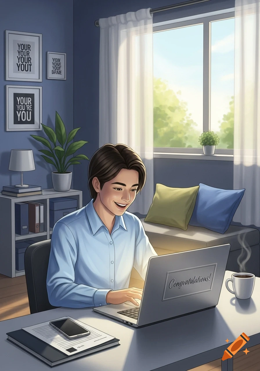 Smiling person in a light blue shirt working on a laptop in a sunny room, with 'Congratulations!' on the screen. There are framed pictures on the blue wall.