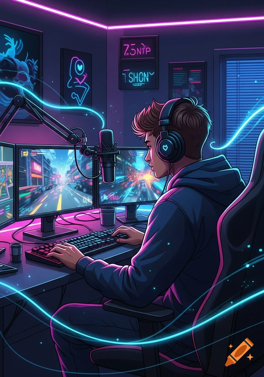 A stylized illustration of a young man with headphones, sitting at a desk with multiple monitors, a microphone, and a keyboard, in a neon-lit room.
