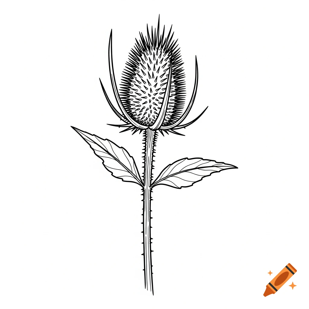 A black and white simplified line drawing of a wild teasle plant with a spiky head and two leaves on its thorny stem.