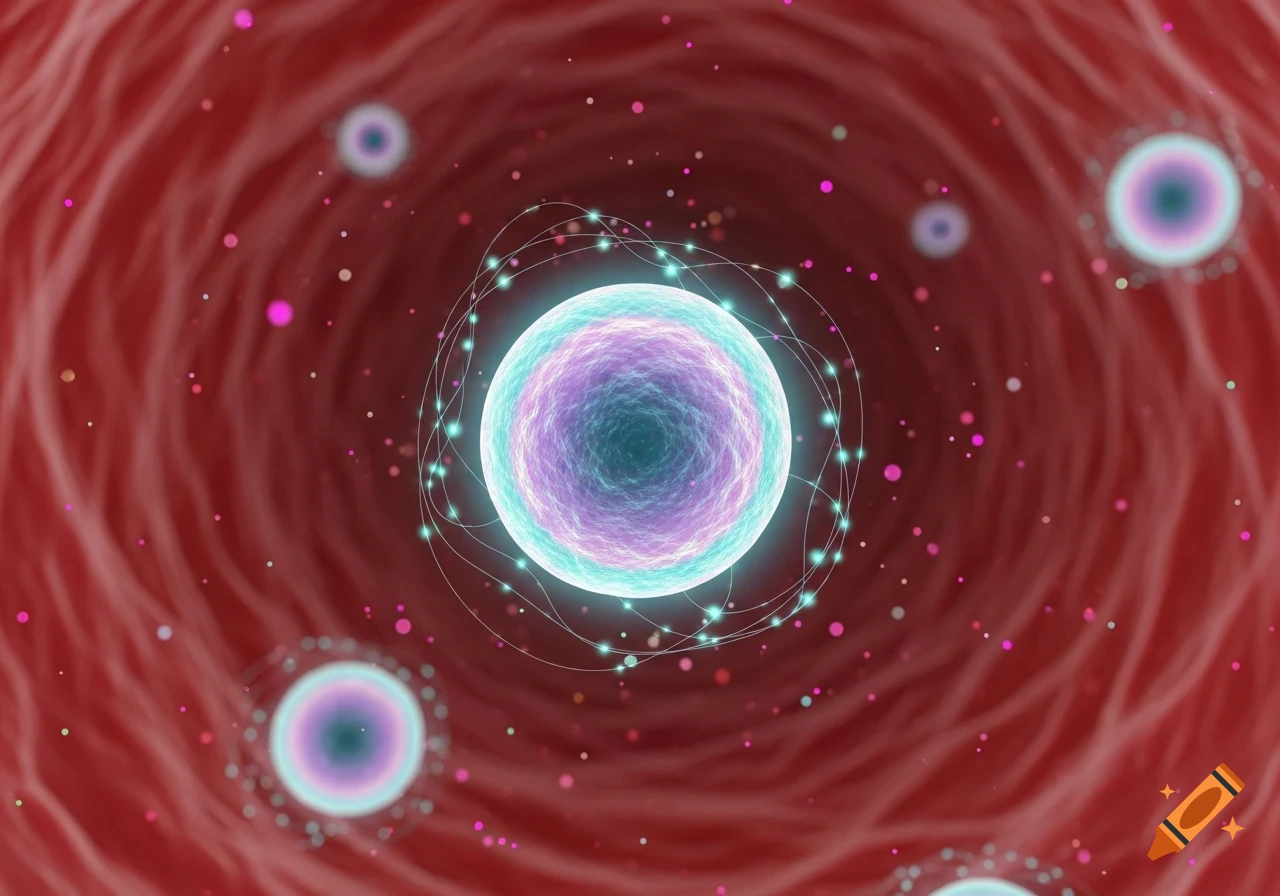 A large, glowing purple and teal cell with light trails, surrounded by smaller particles, in a red biological vessel.