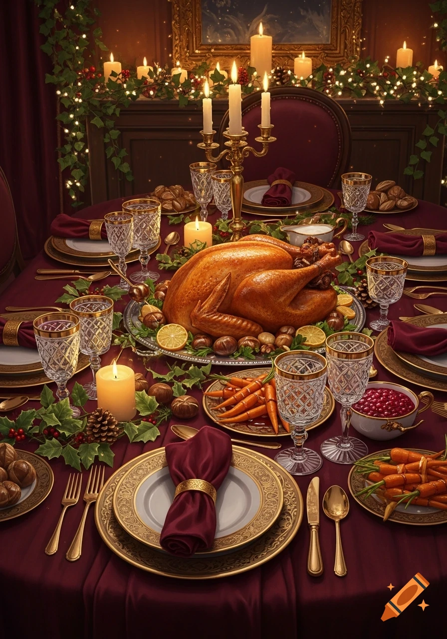 A festive Christmas dinner table laden with a roasted turkey, carrots, cranberries, candles, and holly decorations, set with elegant tableware.