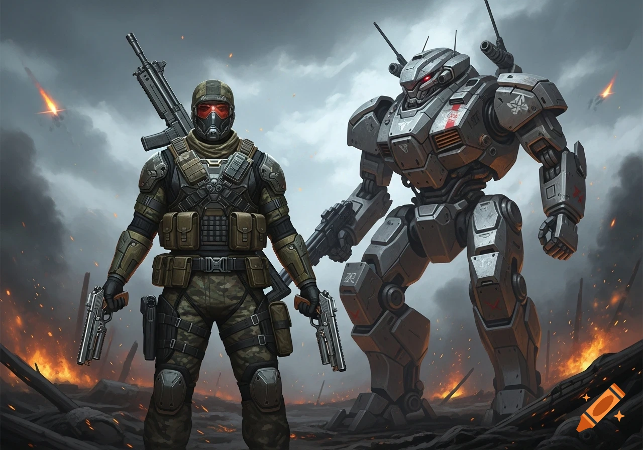 A heavily armed soldier in tactical gear stands alongside a large, gray futuristic mech on a fiery battlefield under a cloudy sky.