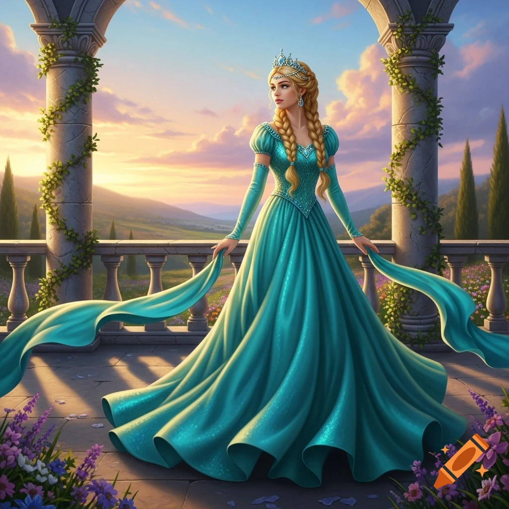 A blonde princess in a flowing turquoise gown and a crown stands on a stone balcony with arched columns, looking out over a sunset-lit valley.