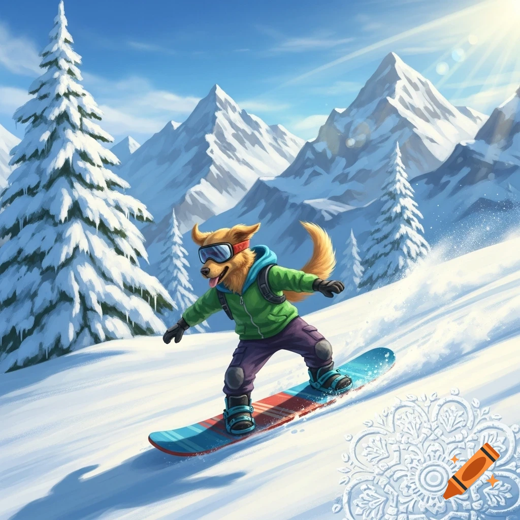 A happy cartoon dog wearing goggles and a green jacket snowboards down a snowy mountain with pine trees under a bright sun.