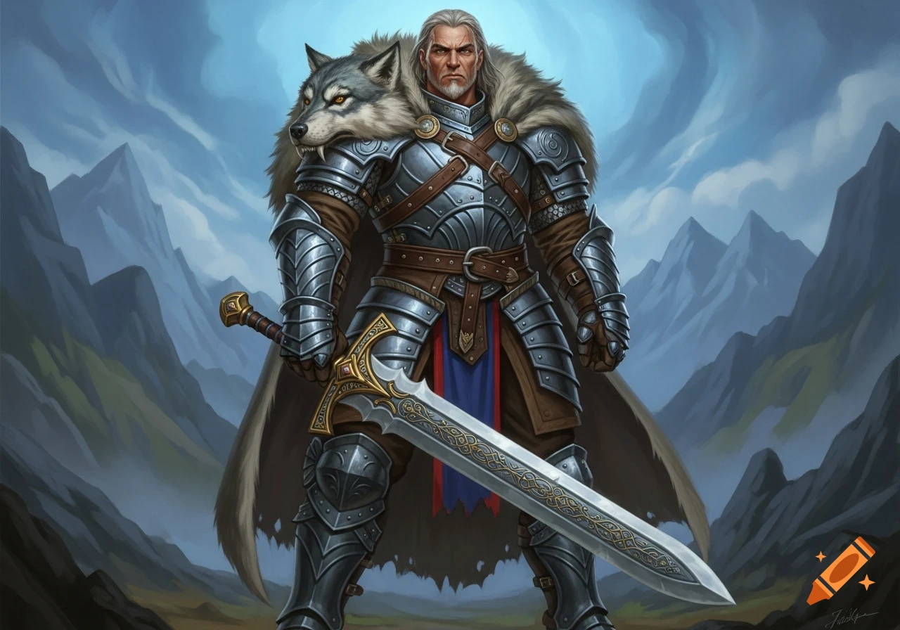 An armored male warrior with a wolf pelt and a large sword stands in a mountainous landscape under a cloudy sky, digital painting.