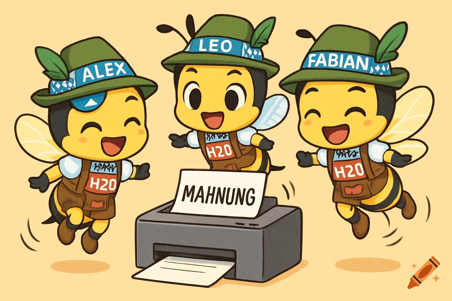 Three happy chibi bees in Bavarian outfits with names on hats, jumping around a printer ejecting a 'MAHNUNG' paper.