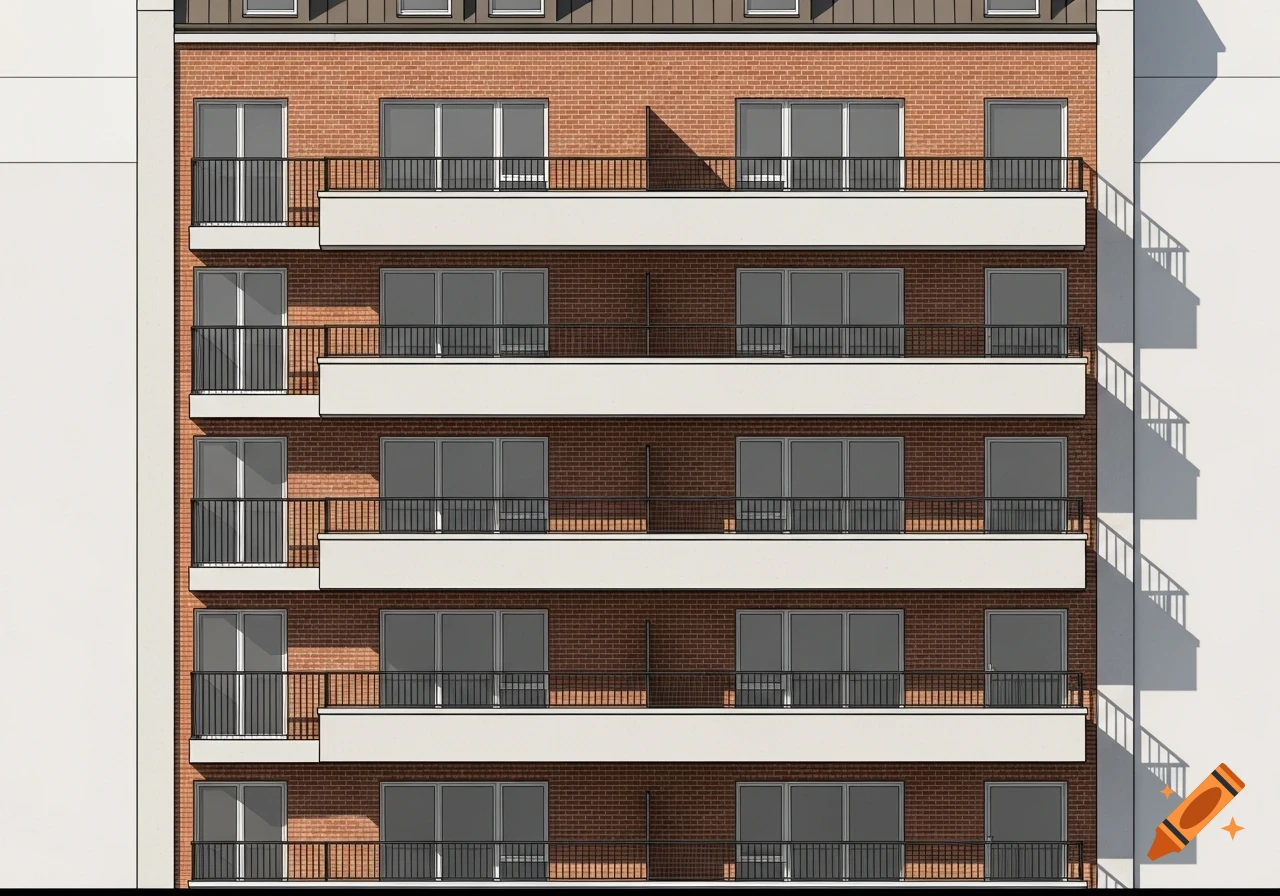 2D architectural drawing of a multi-story building facade with red brick walls, white balconies, and black railings.