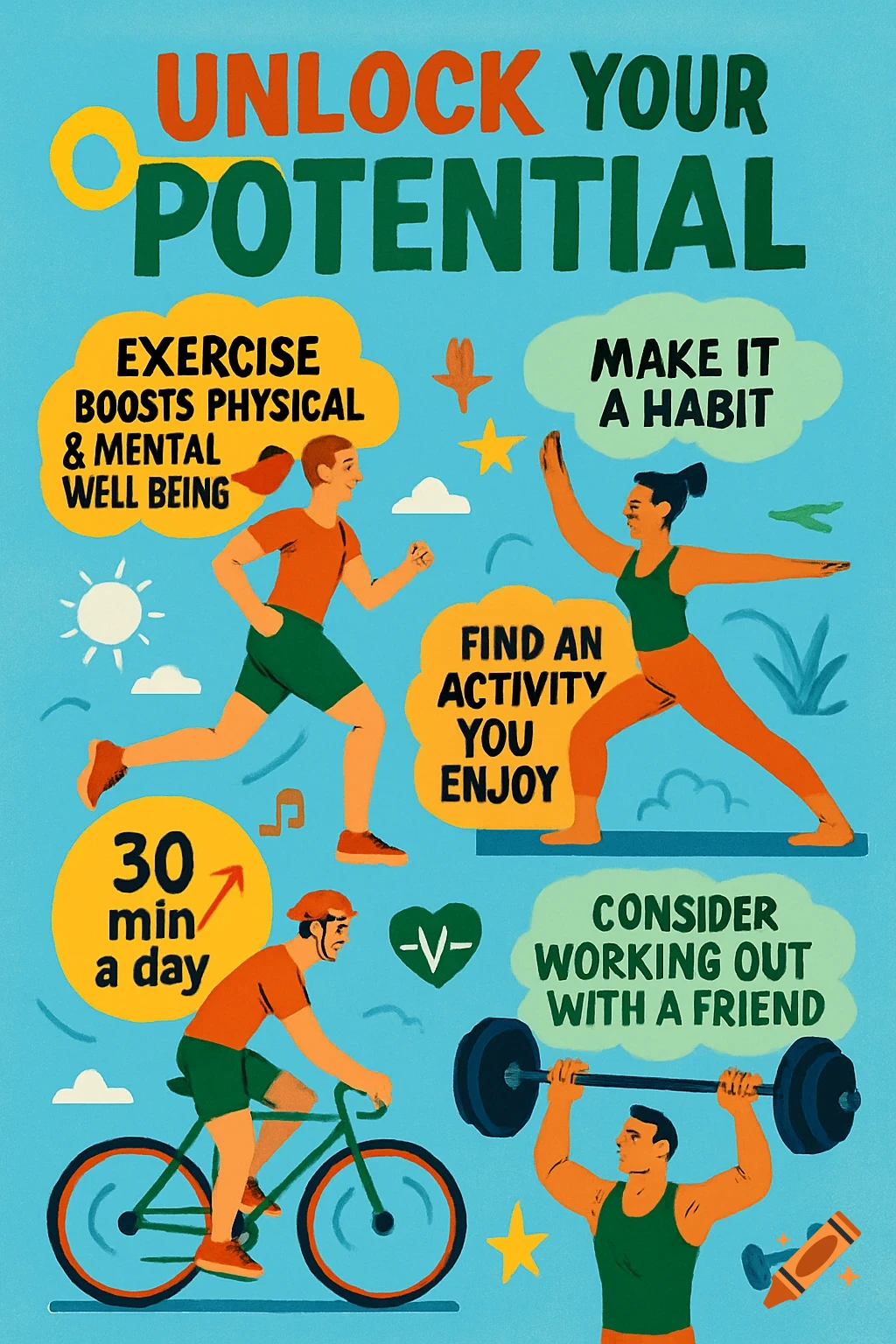 Colorful illustrated poster encouraging exercise, featuring people running, cycling, yoga, and weightlifting, with motivational text.