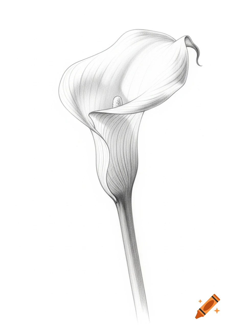 Realistic pencil drawing of a single elegant white calla lily with delicate shading on a white background.