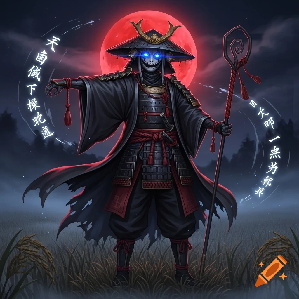 A stylized samurai with a skeletal face and glowing blue eyes, wearing black and red armor and a straw hat, holding a staff in a field under a large red moon.