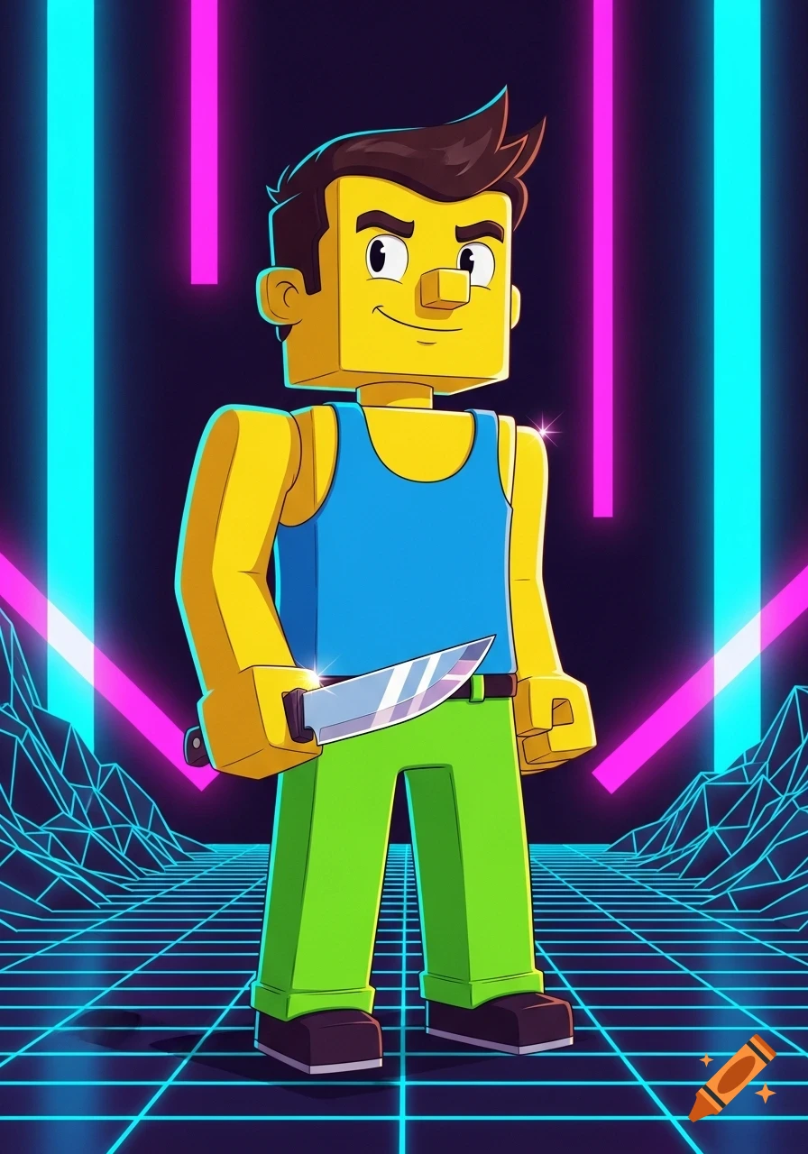A blocky cartoon man with yellow skin, a blue tank top, and green pants smiles while holding a knife in a neon synthwave landscape.