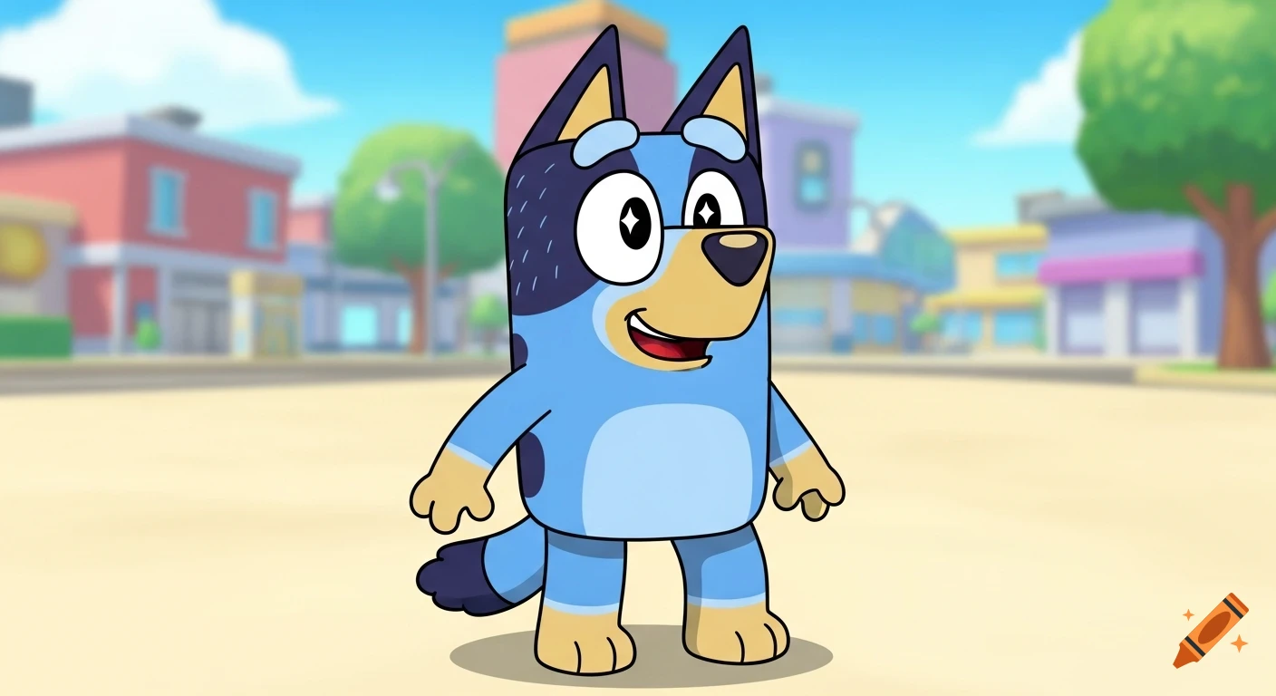 A happy, blue cartoon dog resembling Bluey, with dark blue markings, tan muzzle and paws, stands on a street with blurred buildings.