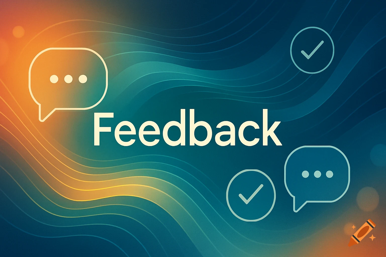 White 'Feedback' text on a wavy orange, green, and blue background with chat bubble and checkmark icons.
