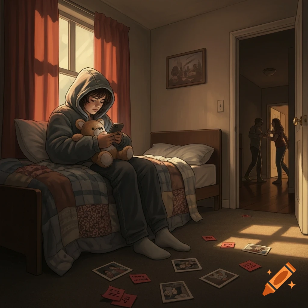 A pensive teenager in a hooded jacket sits on a bed, holding a phone and a teddy bear, while adults argue in the background doorway. Photos and scribbled notes are strewn on the floor.