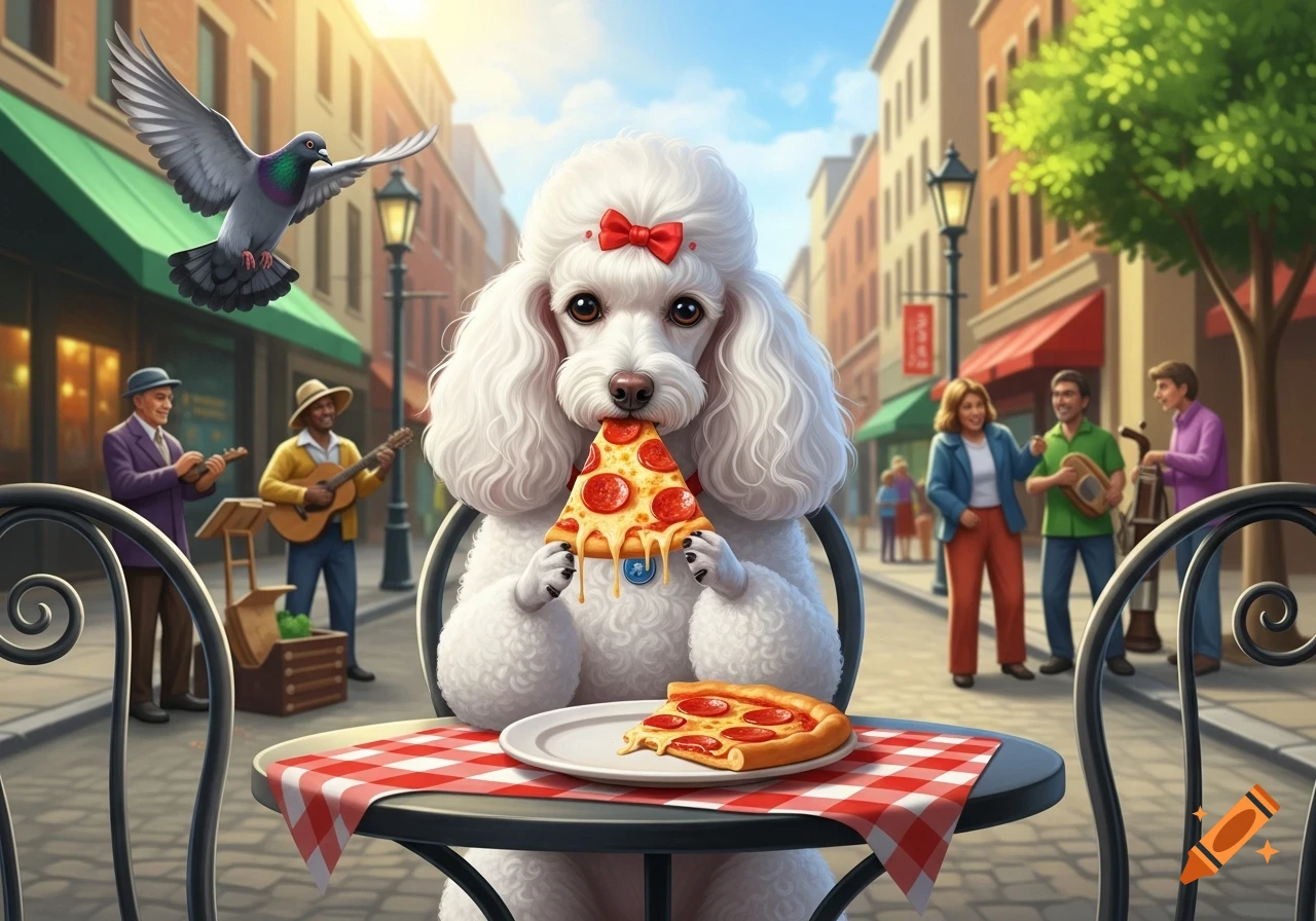 A fluffy white poodle with a red bow sits at an outdoor cafe table, eating a slice of pepperoni pizza. A pigeon flies nearby, and musicians play in the street.
