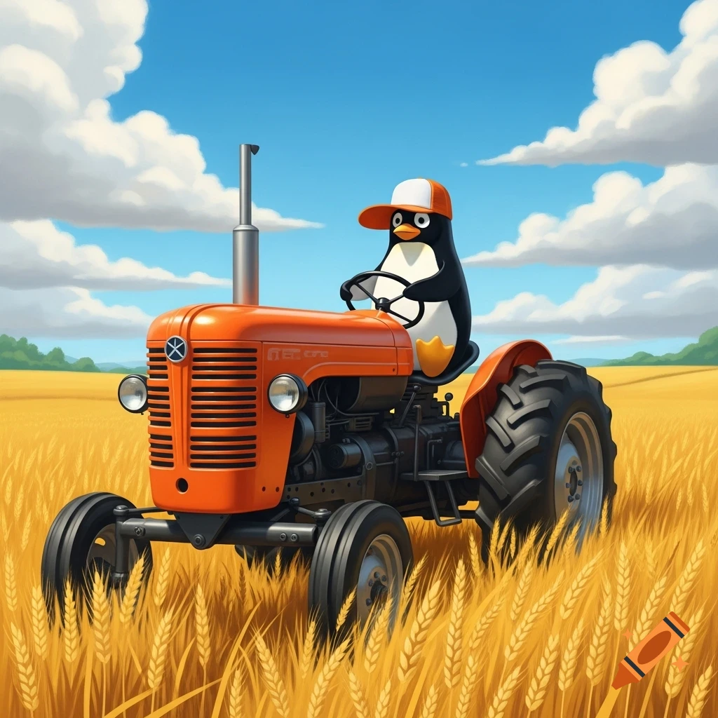 A cartoon penguin wearing an orange cap drives an orange tractor through a golden wheat field under a blue sky.