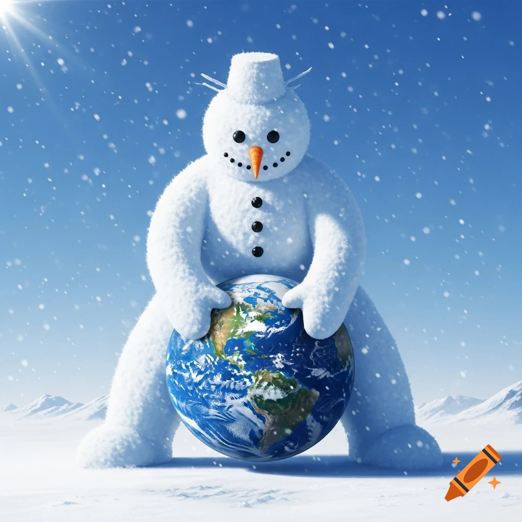 A fluffy giant snowman stands in a snowy landscape, holding a detailed globe of Earth.