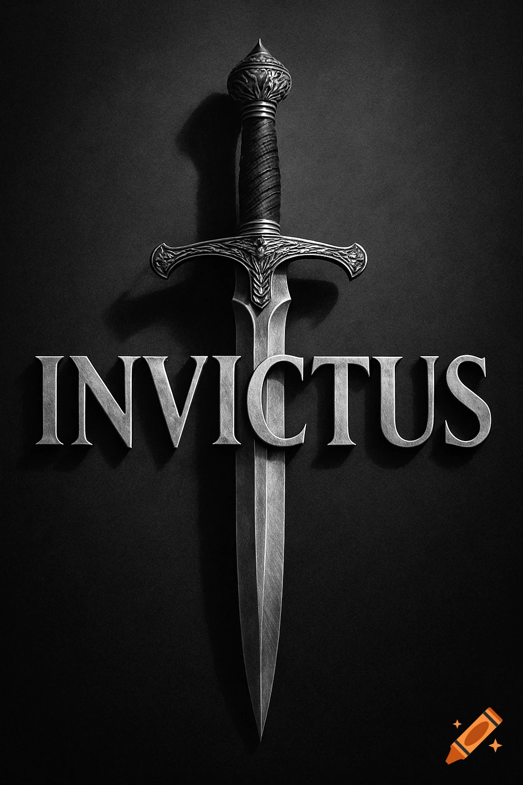 A black and white image features a detailed sword pointing downwards, with the word 'INVICTUS' in front of its blade.