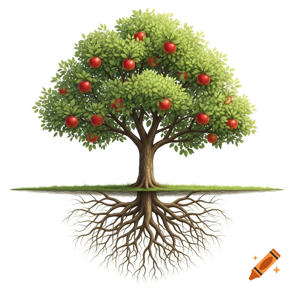 Realistic illustration of an apple tree with red apples and an exposed root system on a white background.