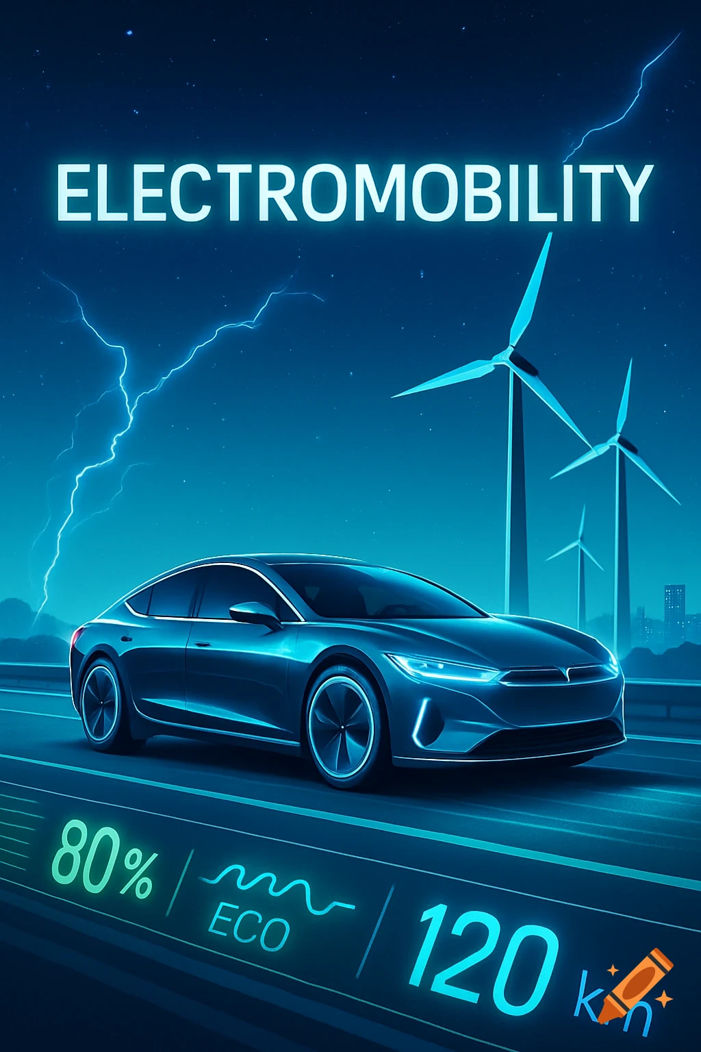 A sleek blue electric car on a futuristic road at night, with glowing 'ELECTROMOBILITY' text, wind turbines, and lightning.