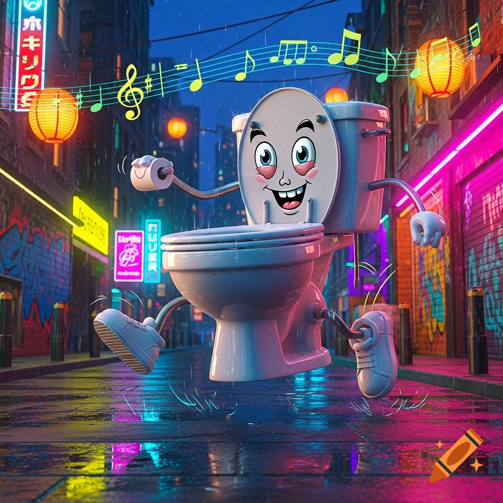 A cheerful cartoon toilet character with a face, arms, and legs dances on a wet, neon-lit city street at night, with musical notes floating.