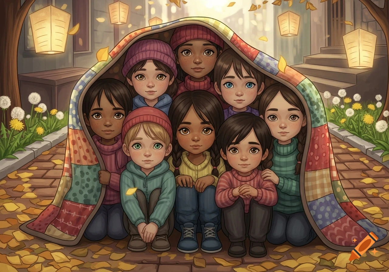An illustration of a diverse group of children huddled together under a ...