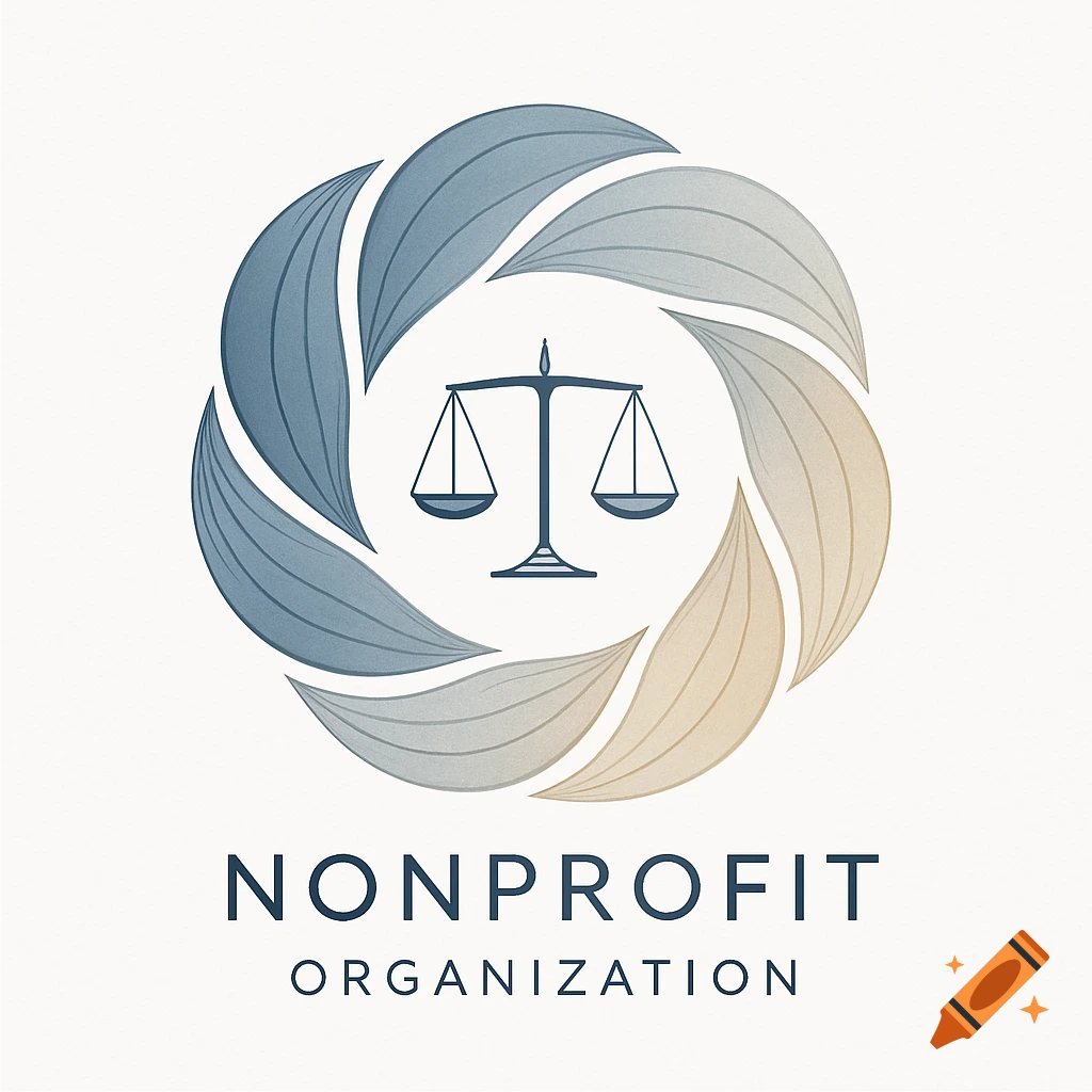 A logo with a scale of justice in the center, surrounded by a circular arrangement of blue and gold leaf-like shapes. Text reads "NONPROFIT ORGANIZATION" below.