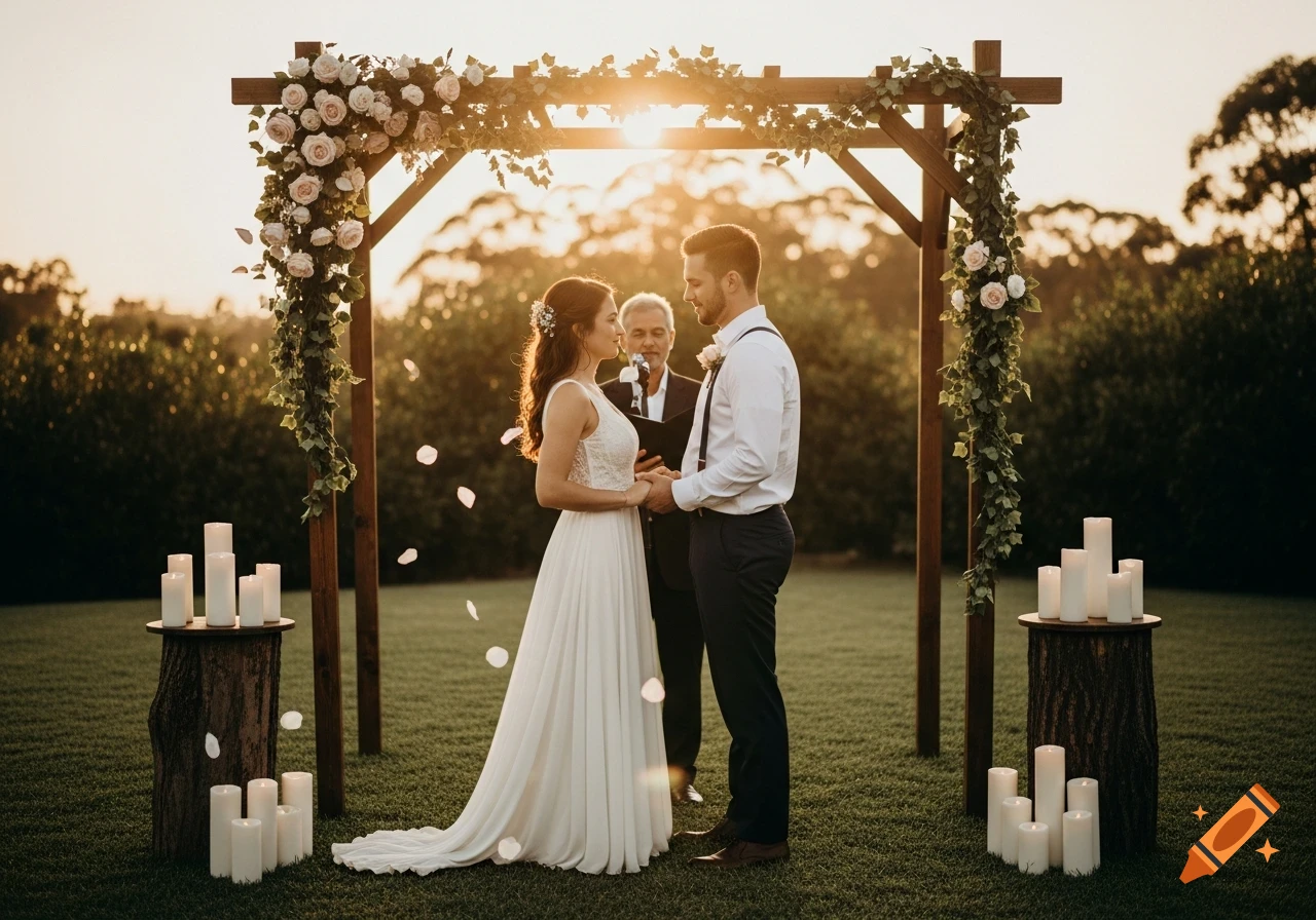 Photorealistic image of a bride and groom holding hands, exchanging vows under a floral arch at sunset.