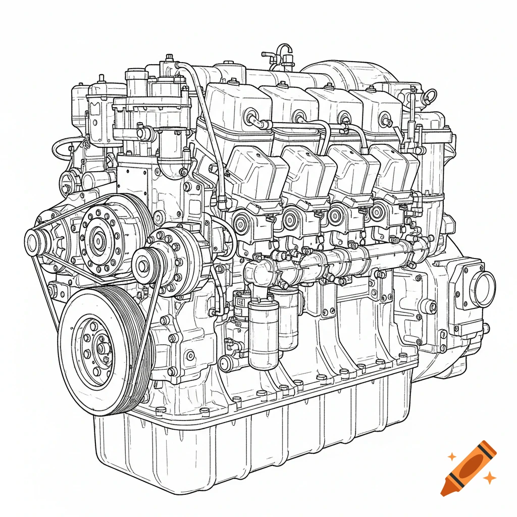 Detailed black and white line drawing of a complex industrial engine with pulleys, belts, and various components.