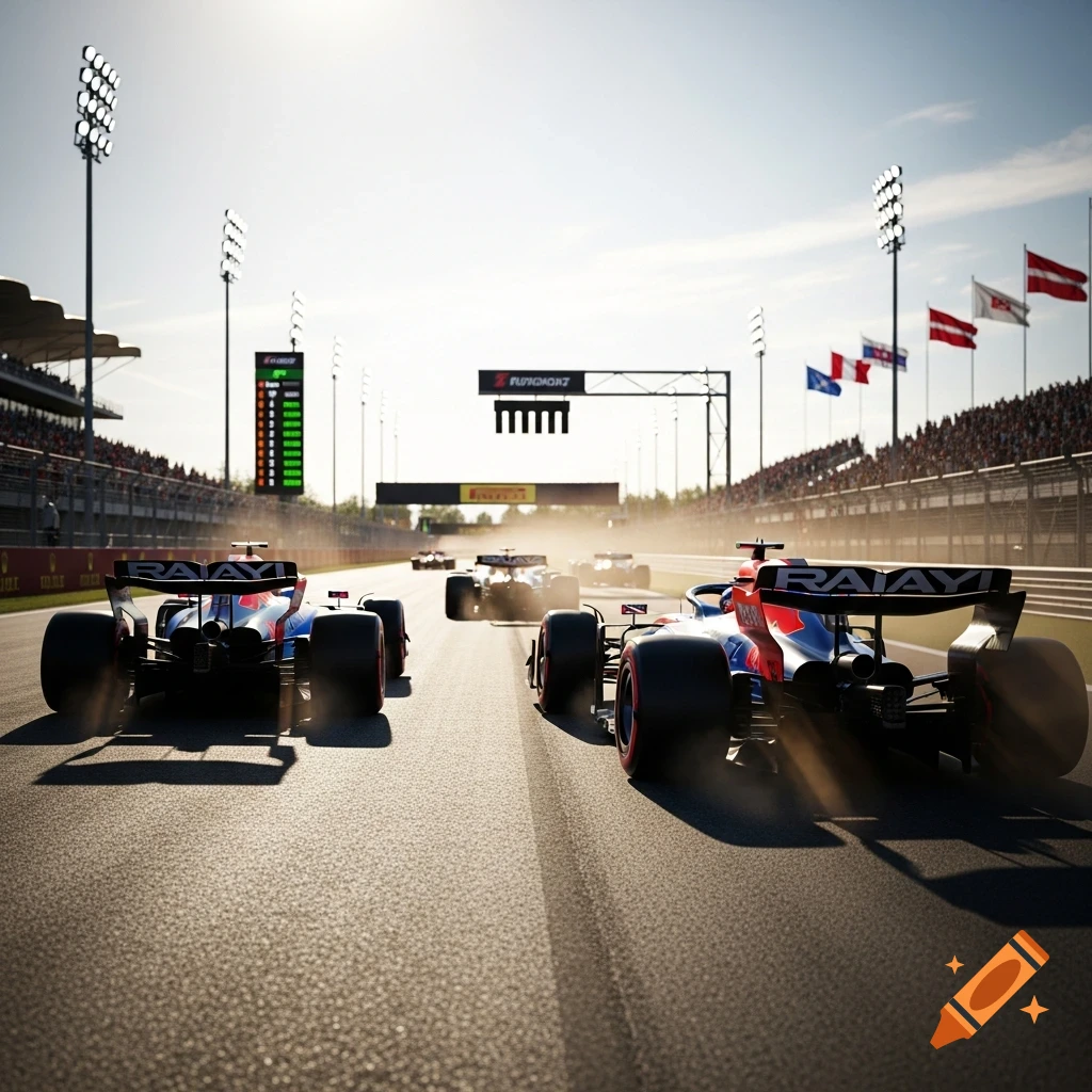Photorealistic view of Formula 1 race cars lined up on a sunny track with grandstands and flags in the background.