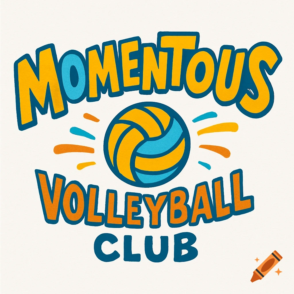 Momentous Volleyball Club logo with a yellow and blue volleyball icon and text in orange and blue.
