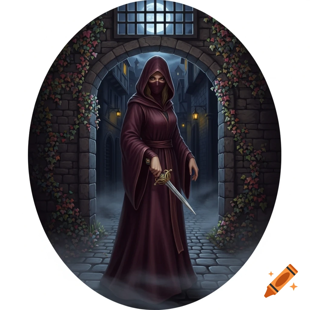 A hooded figure in dark robes holds a dagger under a moonlit archway in ...