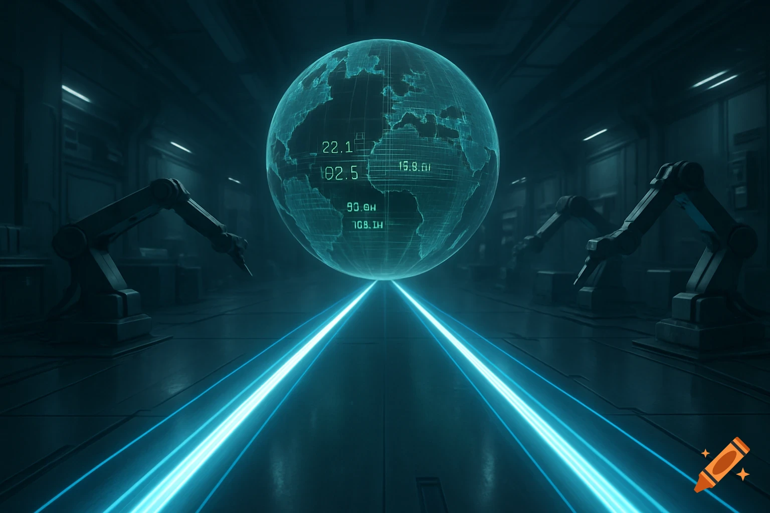 Holographic globe with data floating between two robotic arms in a dark, futuristic industrial room with glowing blue lines.