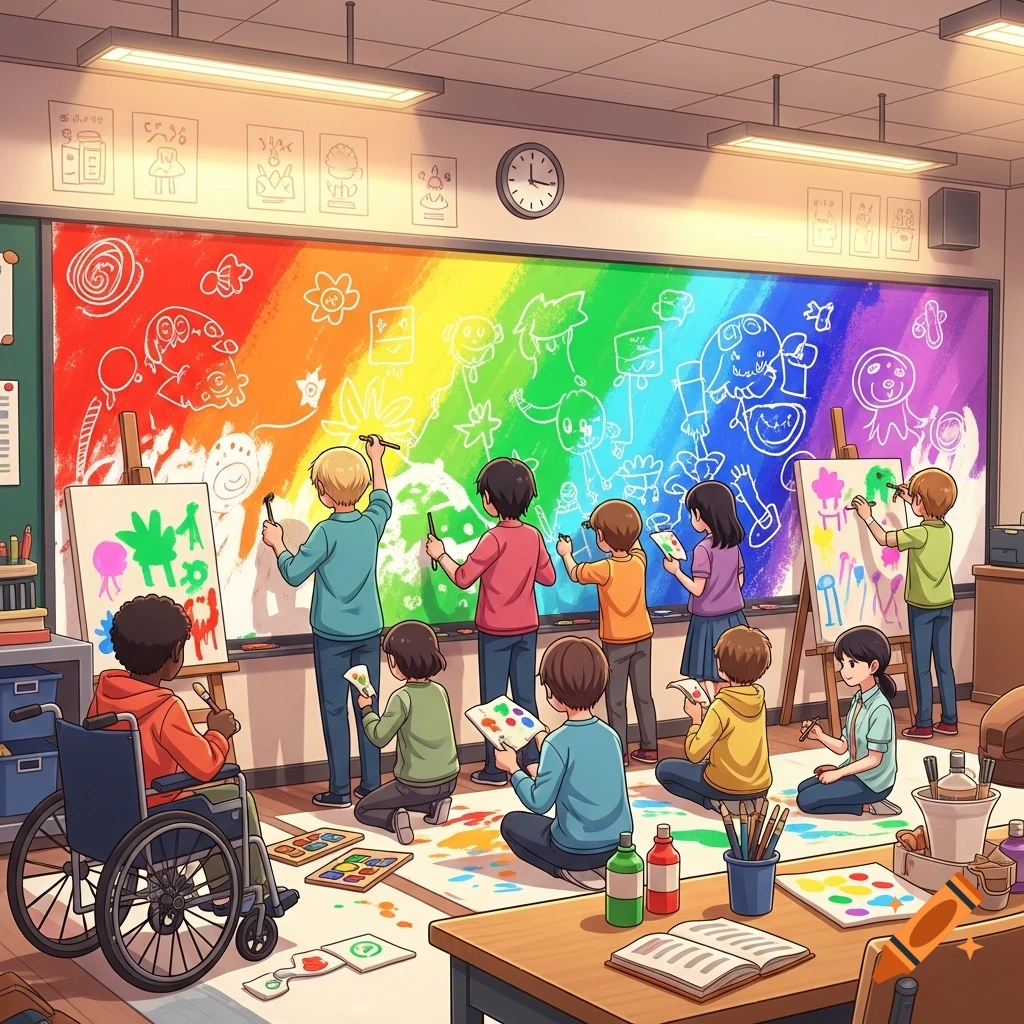 Animated scene of diverse children collaboratively painting a colorful rainbow mural on a classroom whiteboard, some using easels, one in a wheelchair.