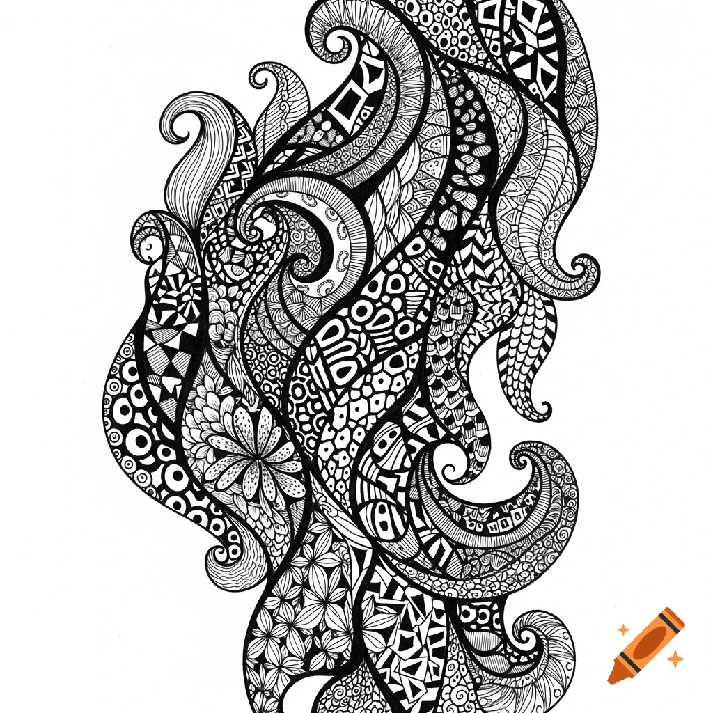 Intricate black and white zentangle design featuring flowing, organic patterns and swirls.