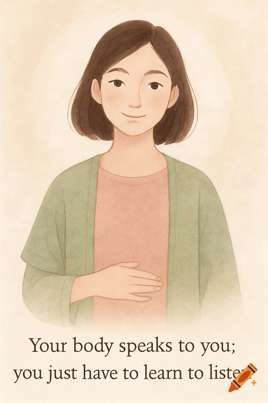 Watercolor illustration of a serene young woman in earthy tones, holding her stomach, with text about listening to your body.