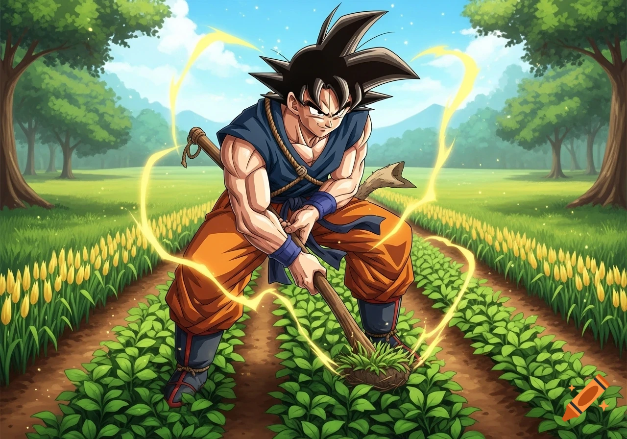 Goku from Dragon Ball Z, surrounded by a yellow aura, farming in a green field with a hoe, anime style.