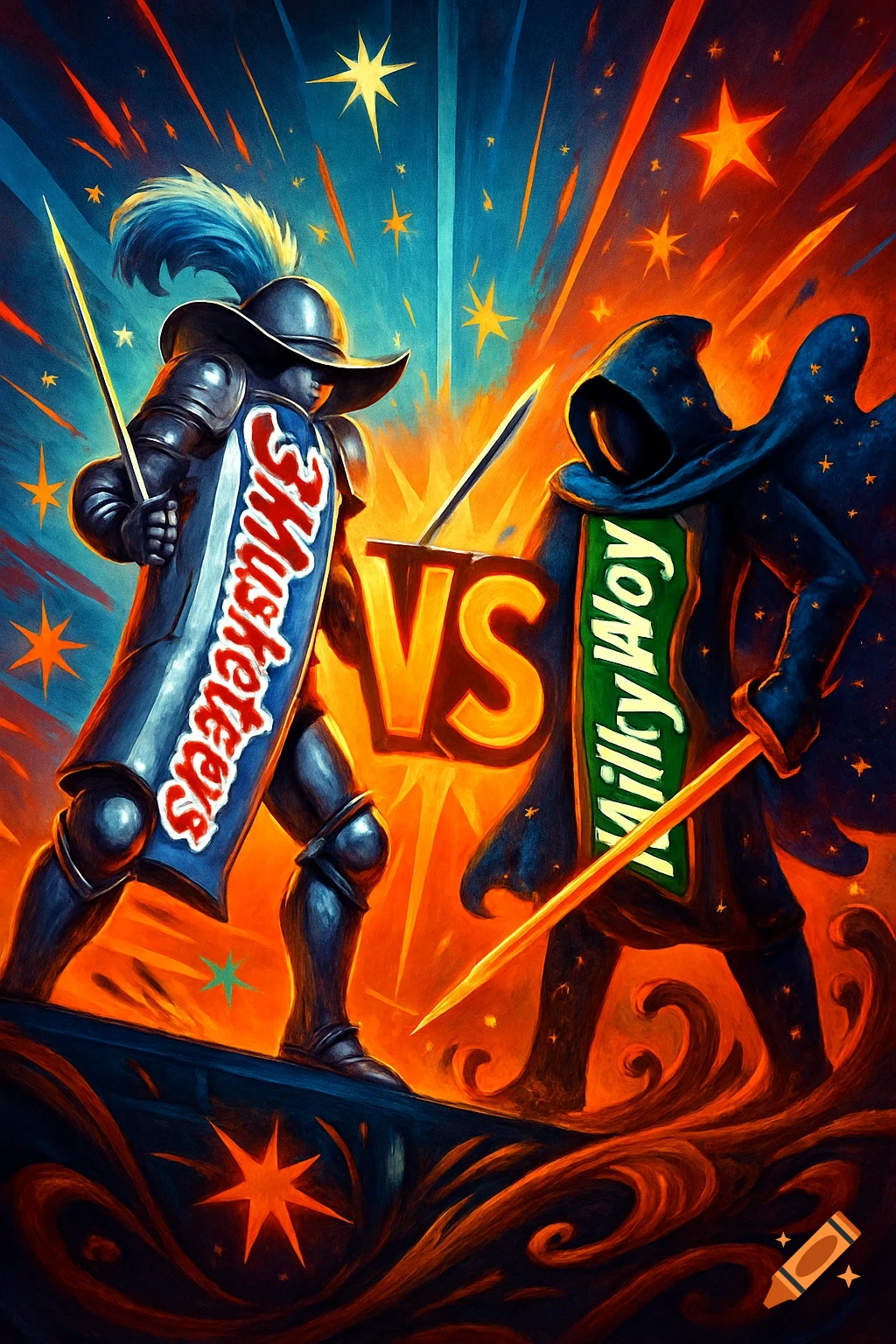A fantasy-style battle poster showing a knight with a 3 Musketeers shield fighting a cloaked figure representing Milky Way.