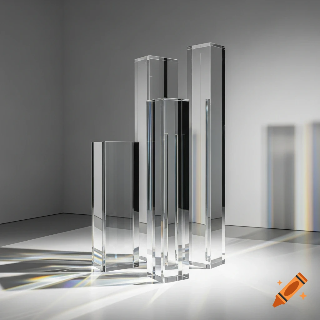 Several clear glass rectangular prisms of varying heights cast intricate light patterns and shadows on a white surface.