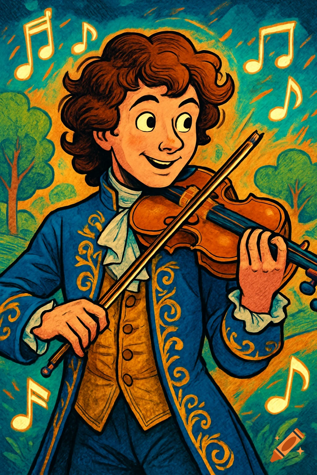 Comic illustration of a curly-haired boy in 18th-century attire happily playing a violin amidst floating musical notes in a stylized landscape.
