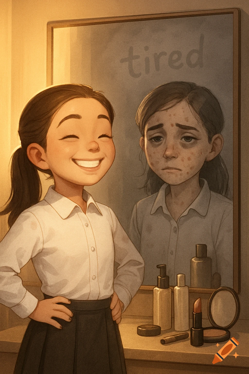 Stylized illustration of a smiling girl looking in a mirror that reflects a tired, sad version of herself with 'tired' written on it.