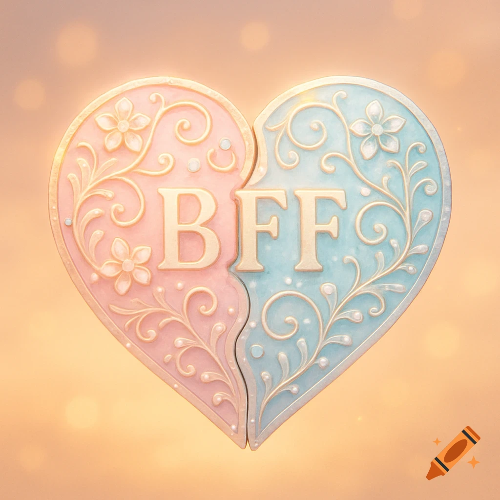 Decorative pink and blue heart locket with 'BFF' text, adorned with floral designs, on a warm bokeh background.
