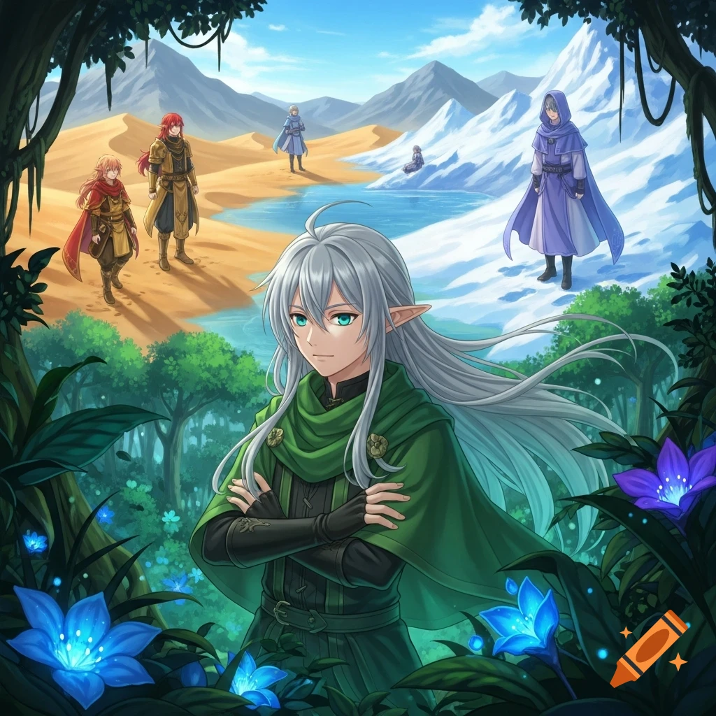 Anime elf with silver hair in a green cloak in a lush forest with glowing blue flowers. In the background, figures traverse a desert, lake, and snowy mountains.