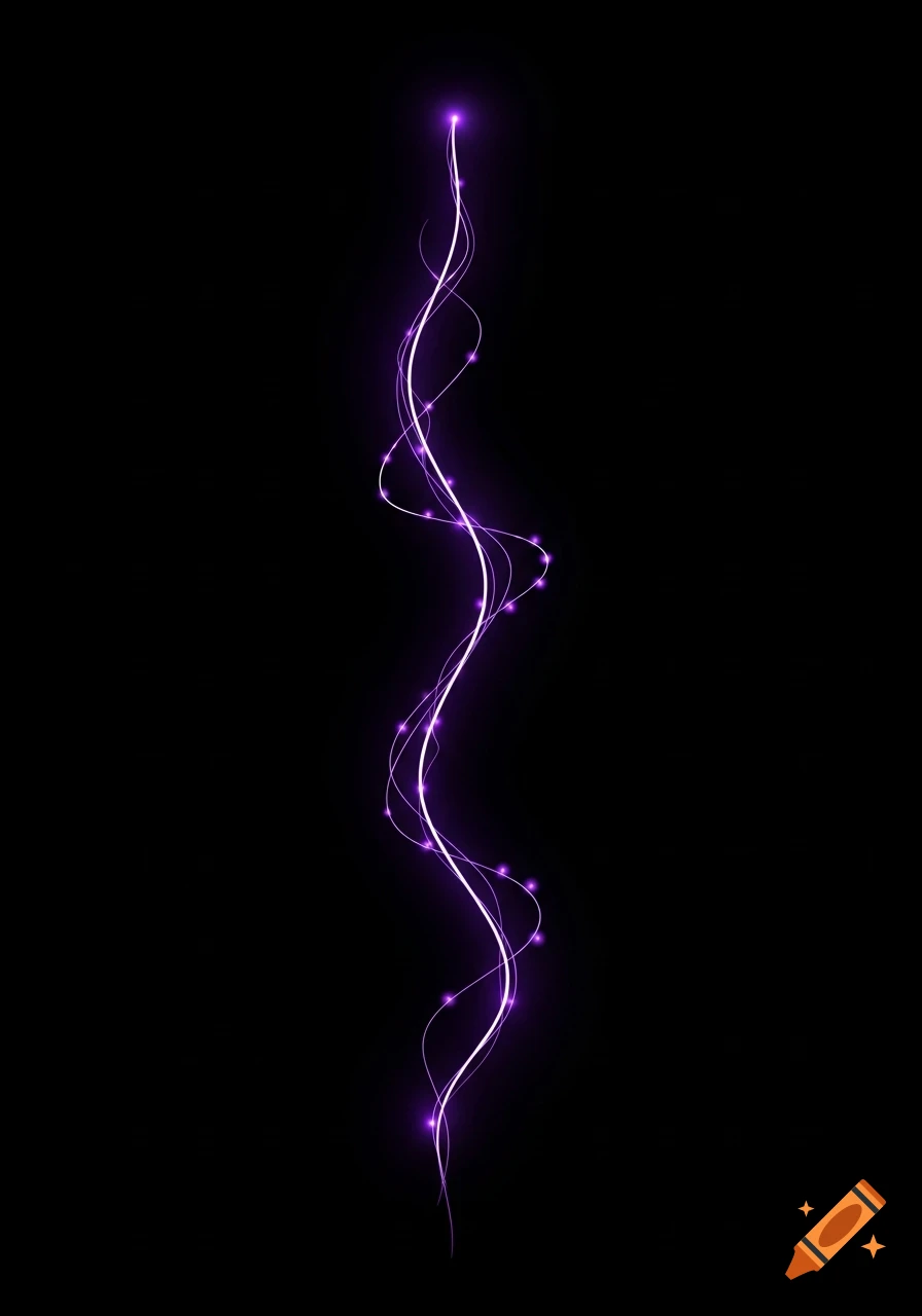 Purple String Cartoon A wavy vertical glowing purple string with small light dots on a black ...