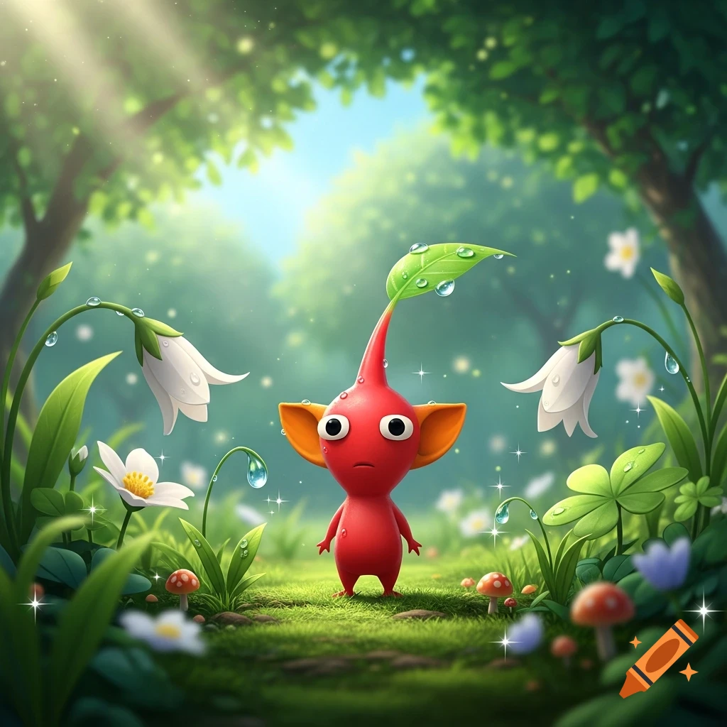 A cute red Pikmin stands in a lush, dewy forest with white and purple flowers and mushrooms, sunlight filtering through trees.