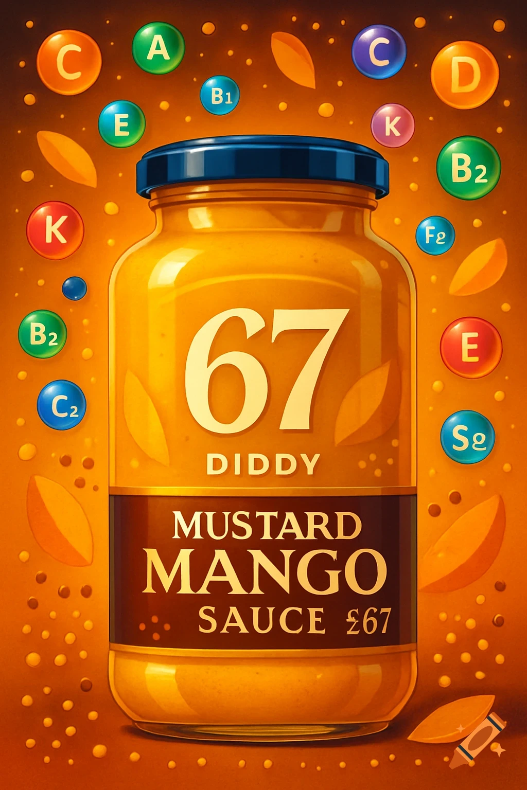 A vibrantly colored jar of Diddy Mustard Mango Sauce labeled '67' and ' £67', surrounded by vitamin icons and mango leaves.
