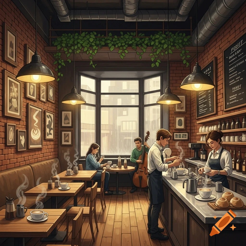 A detailed illustration of a bustling coffee shop with baristas, customers, and a cellist playing by a large window.